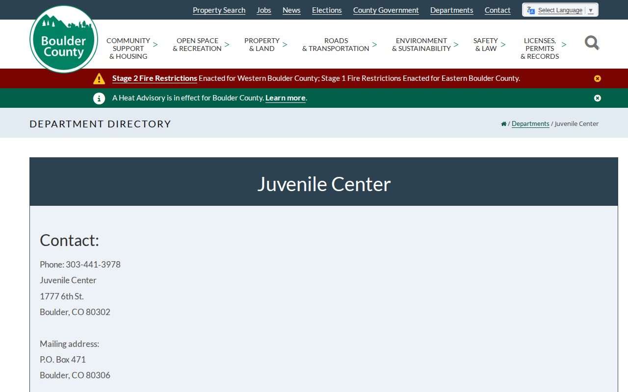 Boulder County Juvenile Center release records contact source