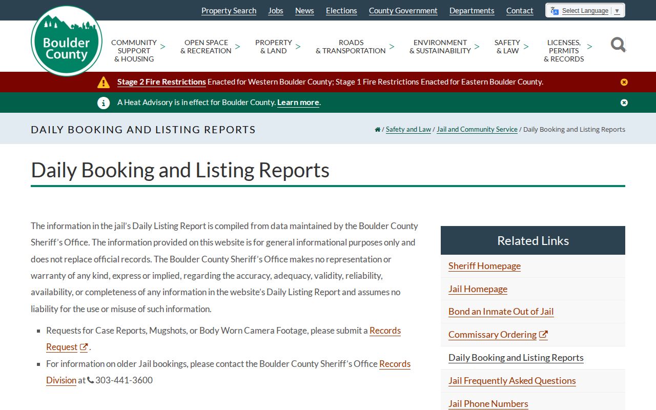 Boulder County released inmates Daily Booking and Listing Reports page